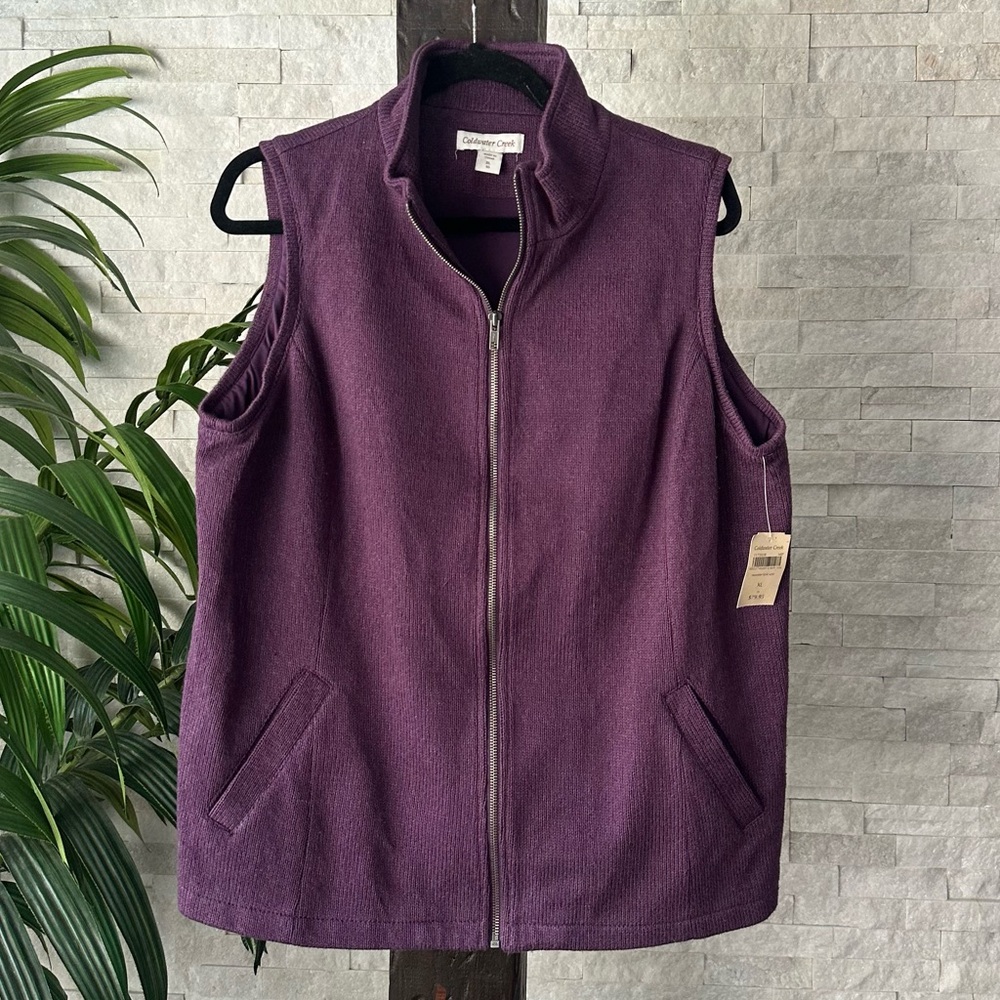 COLDWATER Creek Purple Cotton Blend Knit Zip Pleated Vest Size 16 New with Tags